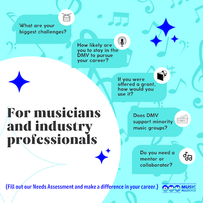 Musicians and Industry Professionals, help us help you to build your career right here in the DMV. Fill out our simple but necessary survey so that we can be the assistance you need.  You do not need to provide any personal information, just your opinion!